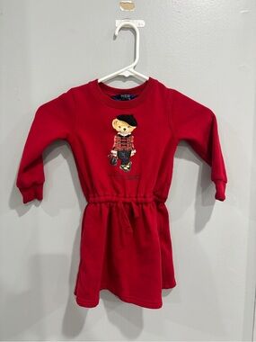 Polo Ralph Lauren Polo Bear‎ Dress Kids 2T Red Excellent Fleece Long Sleeve
